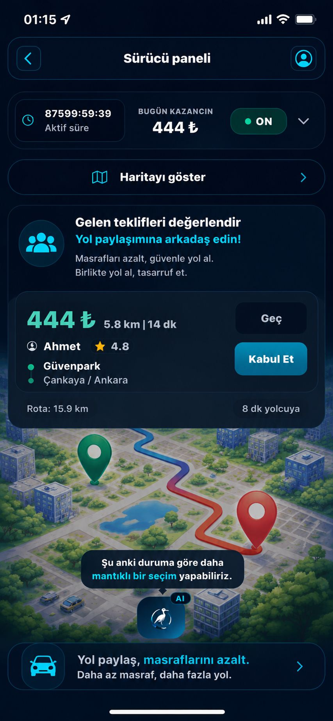 Leylek TAG sürücü ekranı — teklif değerlendirme