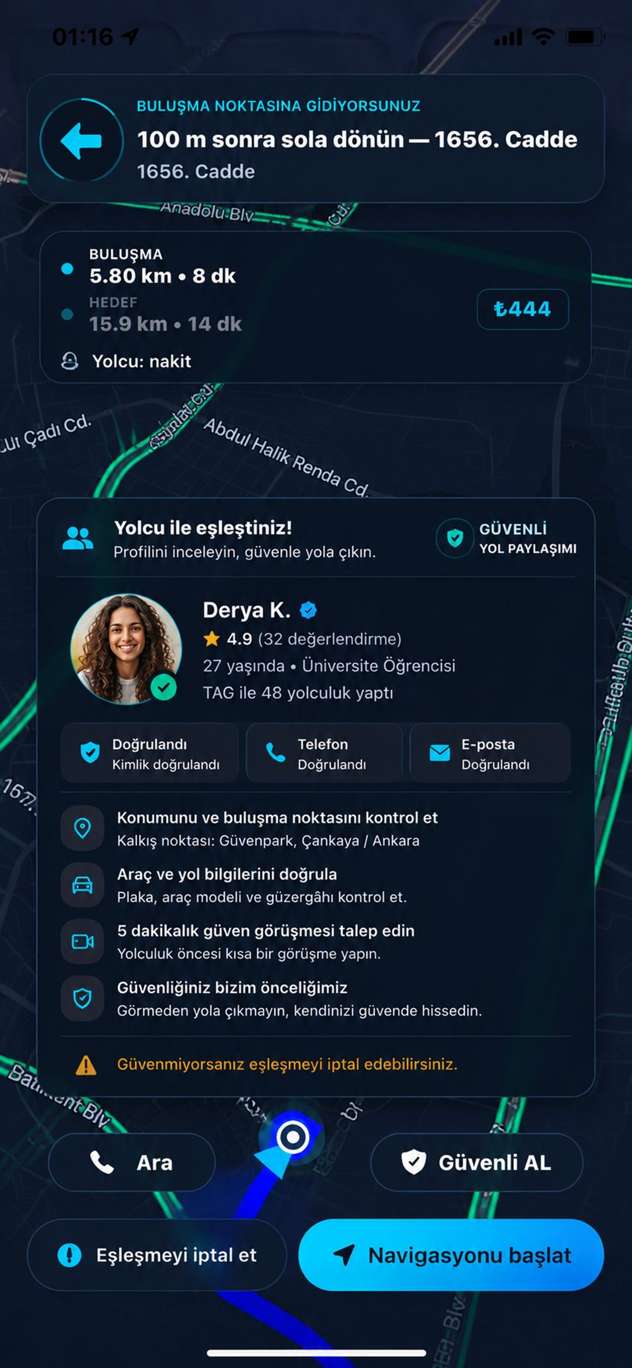 Leylek TAG sürücü ekranı — güven iste ve görüntülü görüşme