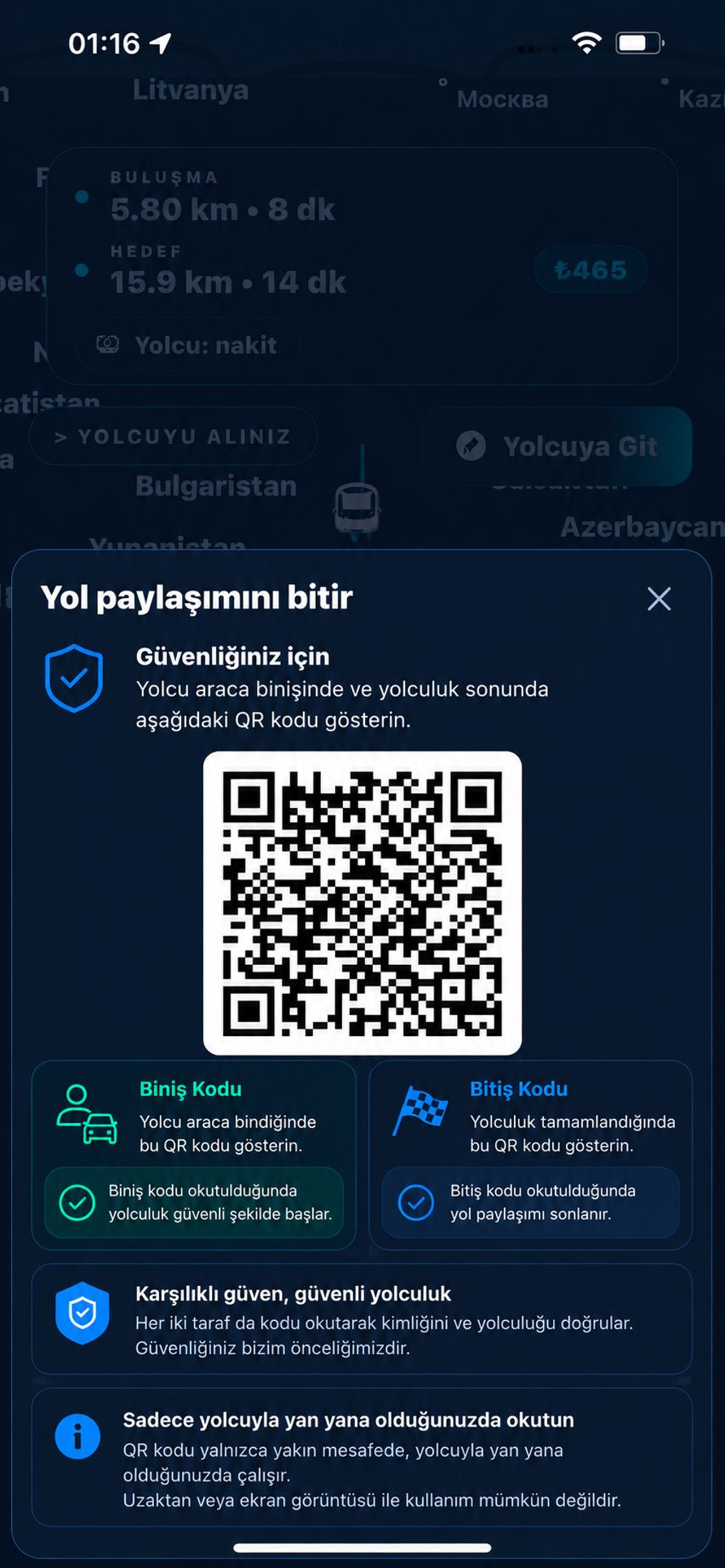 Leylek TAG sürücü ekranı — harita eşleşmeleri
