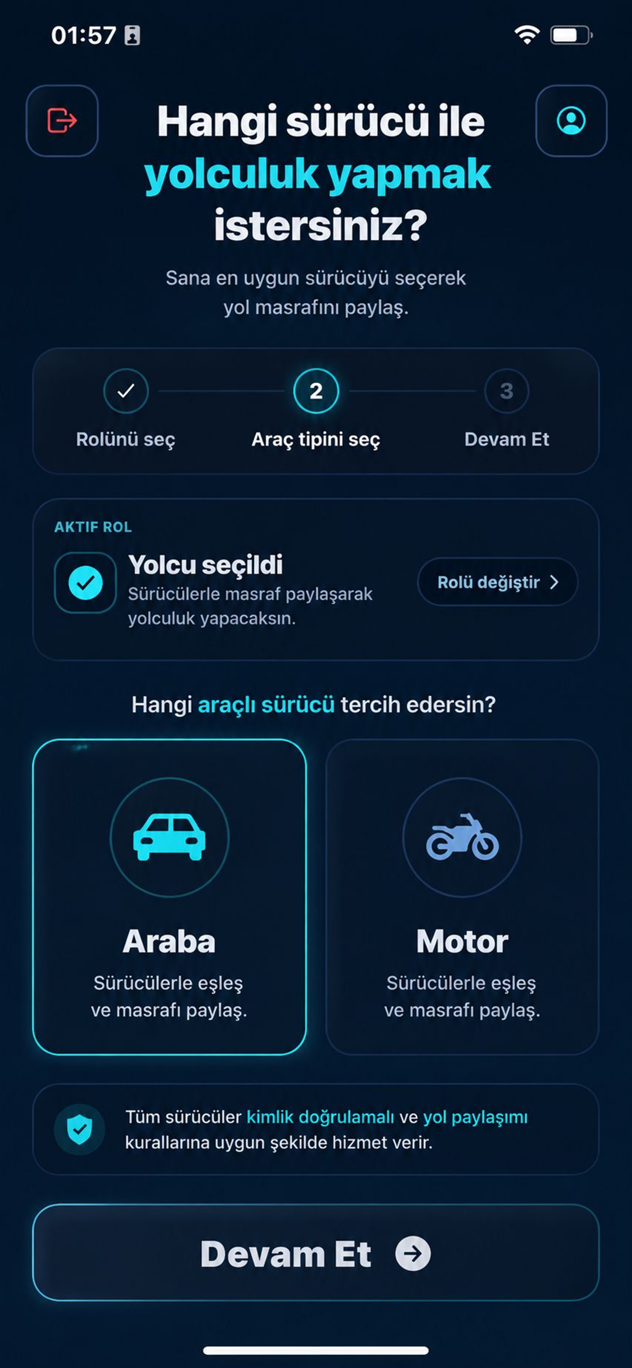 Leylek TAG yolcu ekranı — güvenli eşleşme ve canlı iletişim